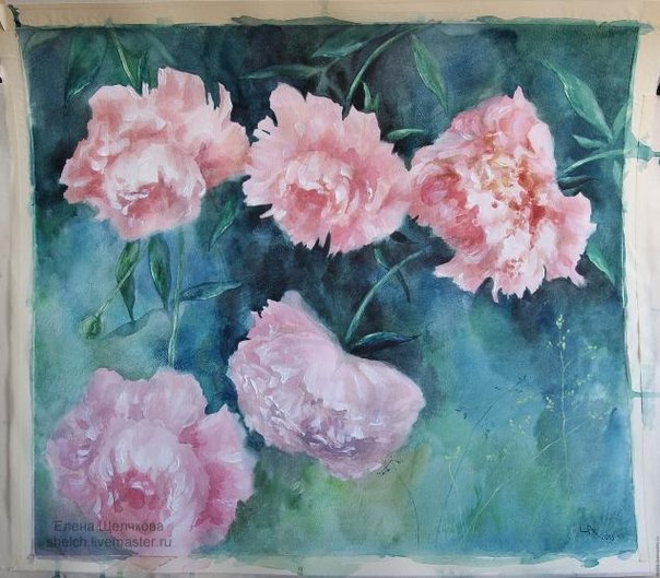 Рисуем розовые пионы в смешанной технике «акварель + акрил» МК