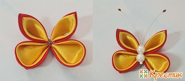 Бабочка - канзаши из лент двух цветов.