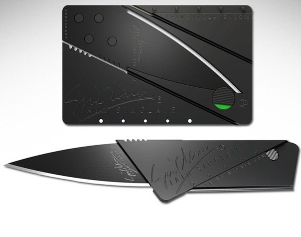 Складной нож-кредитка. Этот складной нож с названием CardSharp весит всего 13 гр и легким движением руки превращается из карточки размером в кредитку в нож с трехдюймовым лезвием.