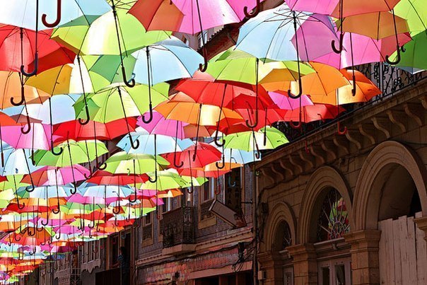 Летом в Португалии проходит красивый праздник. Сотни разноцветных зонтиков украшают пространство над головами, плывя по небу. Ощущение сказки, как в детстве, охватит любого, кто окажется под таким куполом из зонтов. Вдохновение чудесами!